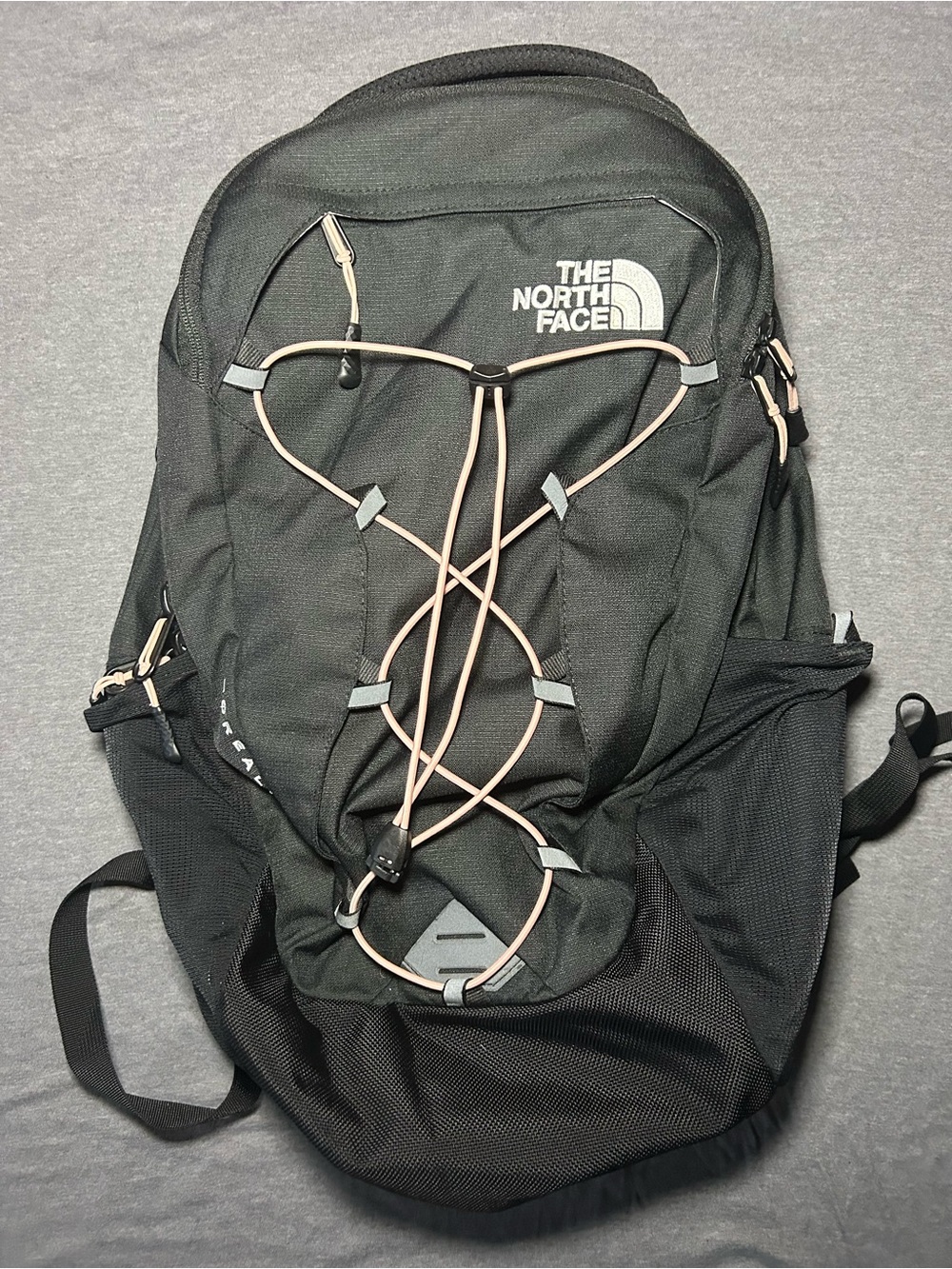 The North Face Black Borealis Laptop Backpack with Pink Bungee Cord